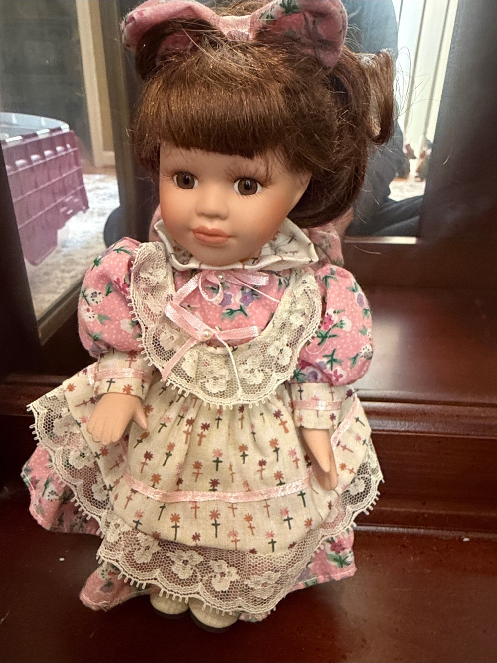 Vintage Pink Floral Lace Porcelain Doll for Kids